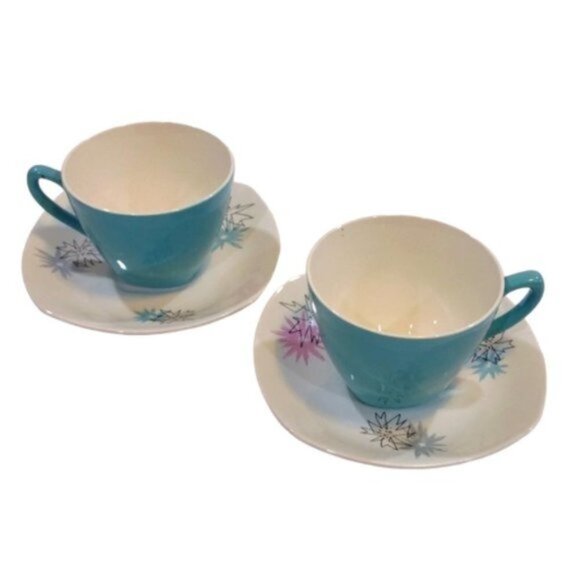 Vintage Set of 2 Midwinter 'Quite Contrary' Coffee Cups &‎ Saucers 1950s Retro - Picture 3 of 11